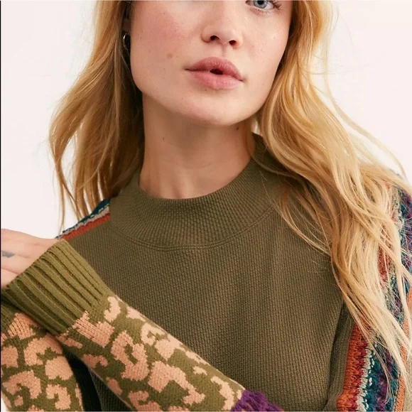 NEW FREE PEOPLE Switch It Up Contrast Knit Cuff Thermal Long Sleeve Top Small - Picture 6 of 6